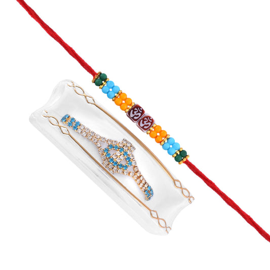 Silver Goldplated White and Blue CZ Rakhi + Swastik Beaded Rakhi Set for Bhai Bhabhi (Pack of 2)