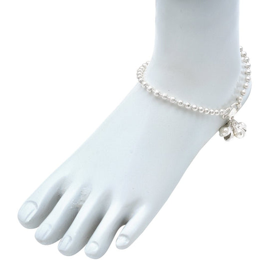 Silver Plated, 5 mm Carving Metal Ball Beads, Single Liner German Silver Ghungroo Anklets for Women