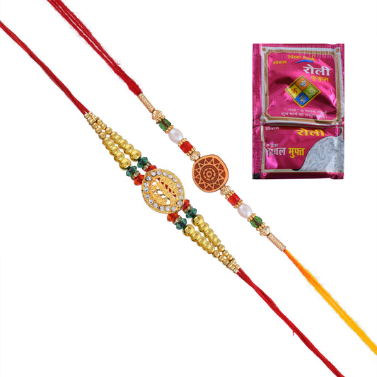 Silver Goldplated Imitation Rakhi + Lukcy Chakra Rakhi Set for Bhai Bhabhi Brother Bhaiya with Goldplated Brass chain combo hanper for Rakshabandhan (Pack of 3)