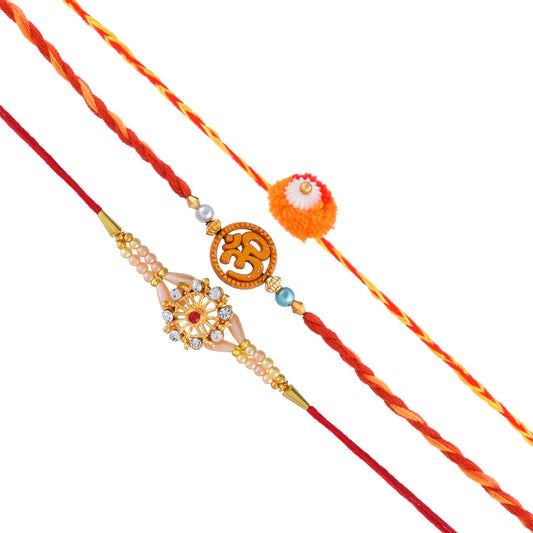 Silver Goldplated 3 Rakhi Set for Bhai Bhabhi Brother Bhaiya with Goldplated Brass chain