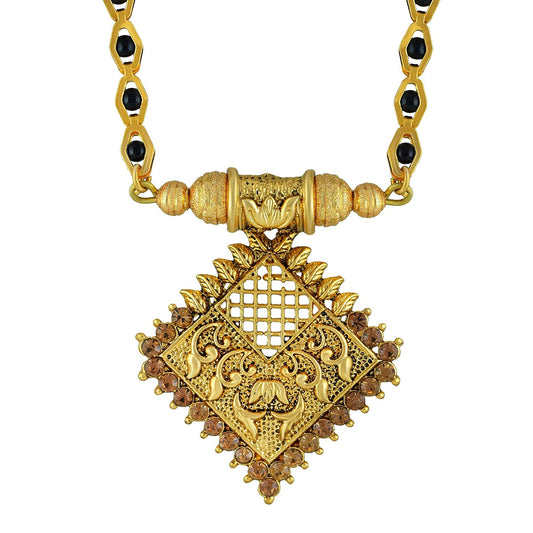 Gold plated Brass, Golden CZ and handmade carving, Kite Shape, super long 28 Inch, Gold and black beaded, Traditional Mangalsutra