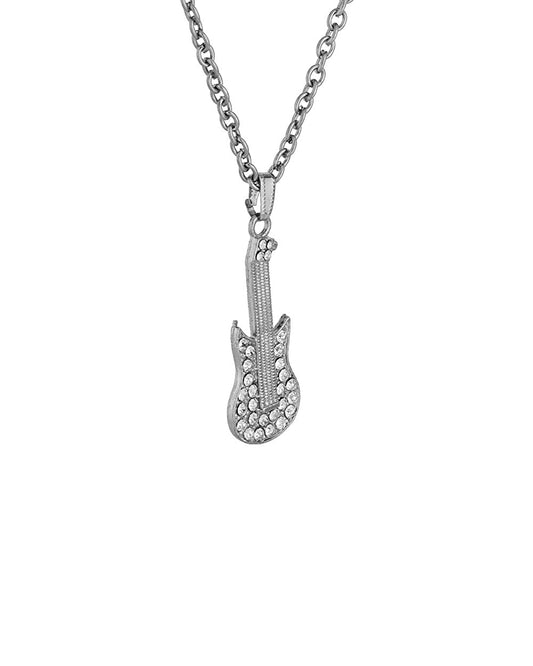 CZ studded Silver tone finish Elvis inspired Guitar Pendant