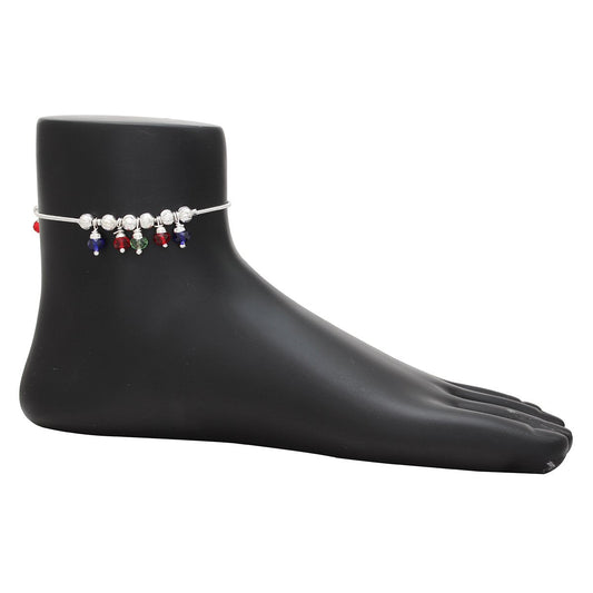 Silver plated Colourful Red, Blue & Green Hanging Drops Traditional Ghungroo charms beaded pajeb payal Anklet for Women