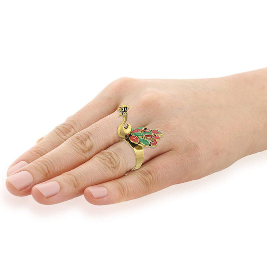 Gold plated, Designer created, Pachikari Work, Red and Green Peacock shape, 3D, latest Fashion Finger ring