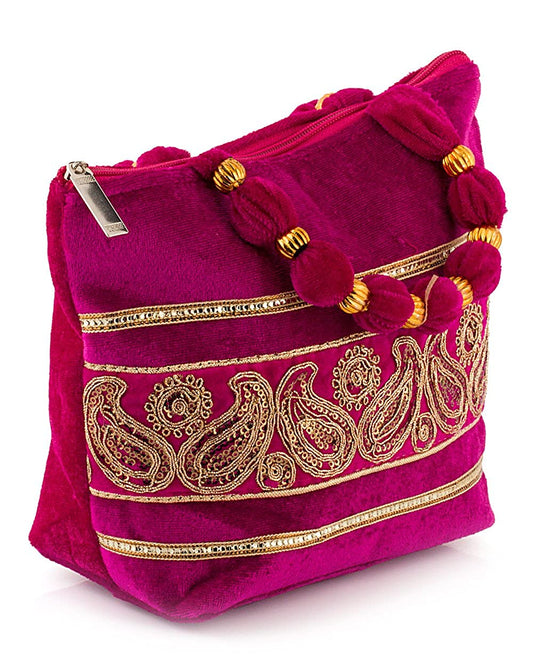 Silk Malmal Golden Rani-Pink Zari Work handmade Ethnic handbag Women