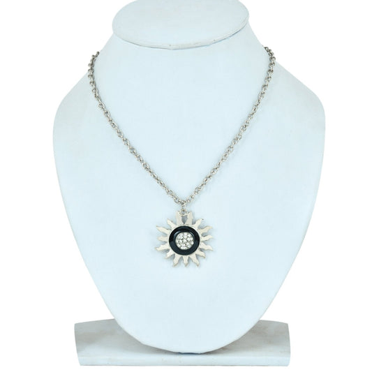 White AAA Cubic Zirconia Black Enamel, CZ, Sun design pendant necklace