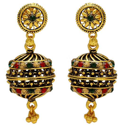 Gold Plated Antique Finish Drum Dholki Shape Rondell, Designer Exclusive Ethnic Jhumki