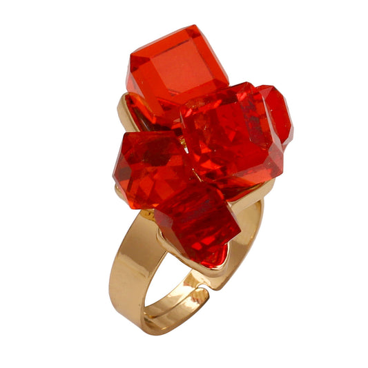 Gold plated Red CZ cubes studded Stylish high fashion free size ring for Women