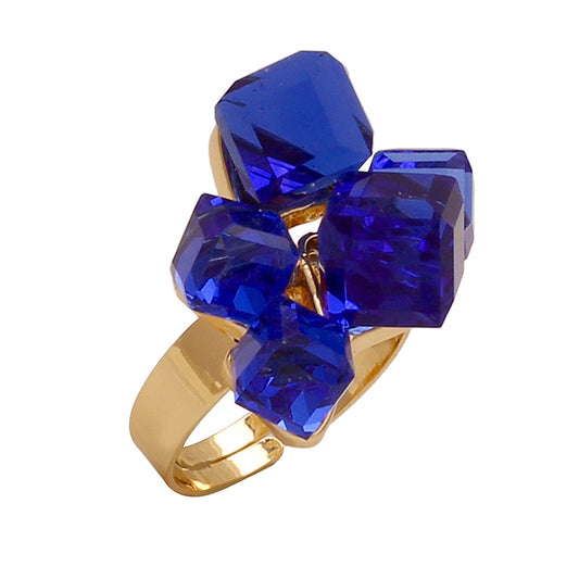 Gold plated Titanic Blue CZ cubes studded Stylish high fashion free size ring for Women