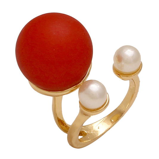 Gold plated Pearl and Red Ball free size ring for Women