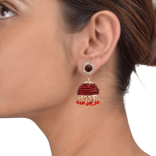 Brass Maroon Beaded Stylish Jhumki Women