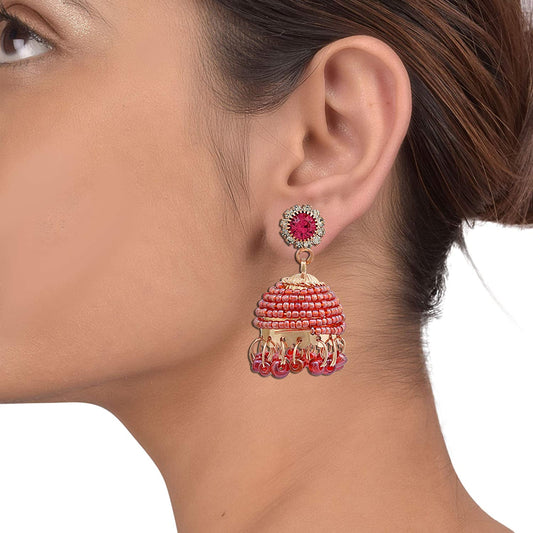 Gold Plated Rani Red Beaded,Stylish Jhumki Women