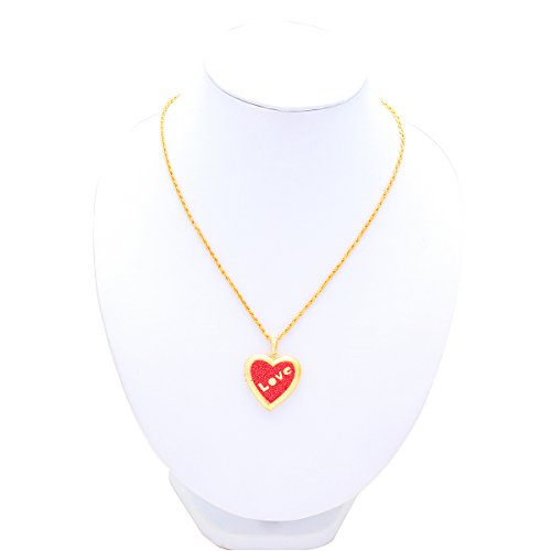 Gold Plated Love Embossed Red Colored Faux Drussy Openable Heart Locket Pendant