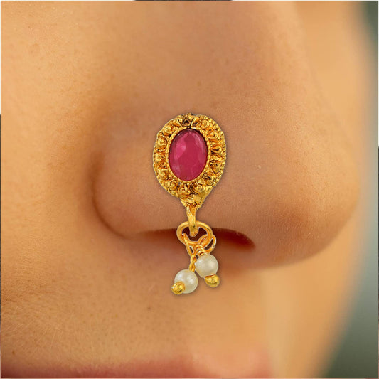 Goldplated Faux Ruby &Pearls Clipon Nosepin Noseclip