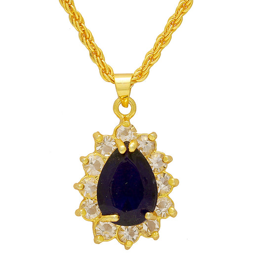 Gold plated CZ titanic blue colour facetted pear shape chain pendant