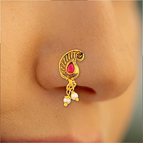 Goldplated Faux Ruby & Pearls Press and Wear Clip-on Nosepin Noseclip