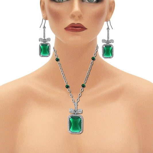 Platinum Plated Emerald Green Octagon shape Cut, White CZ studded with matching earring Stylish designer Fashion necklace set