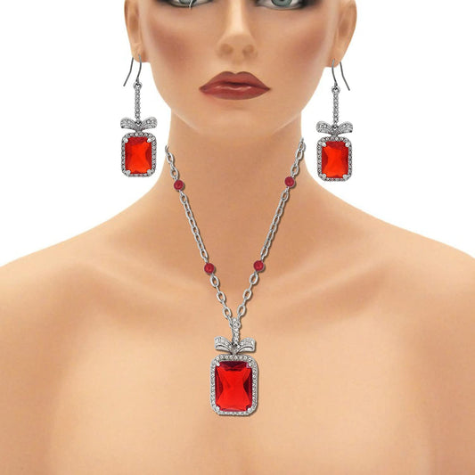 Platinum Plated Ruby Red Emerald Cut Octagon shape, White CZ studded with matching earring Stylish designer Fashion necklace set