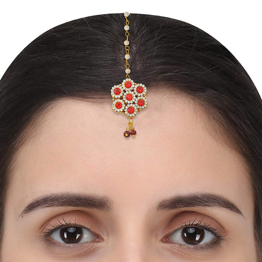 Gold plated Red and White CZ Traditional Mang Tika Women hair accessory