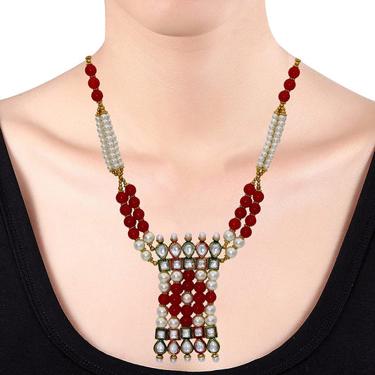 Simulated White and Red Pearl, Kundan Rani Haar with matching earrings necklace set