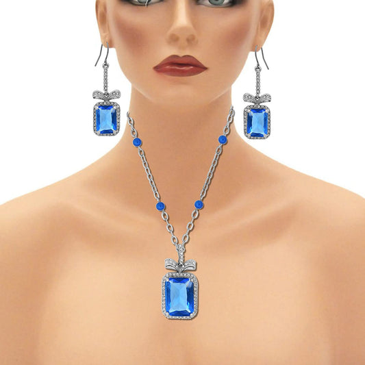 Platinum Plated London Blue shade Titanic Blue facetted Octagon Cut, White CZ studded with matching earring, Stylish designer Fashion necklace set