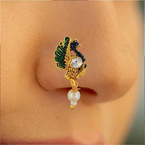 Goldplated Imitation Diamond & Pearl Bead Nosepin Noseclip