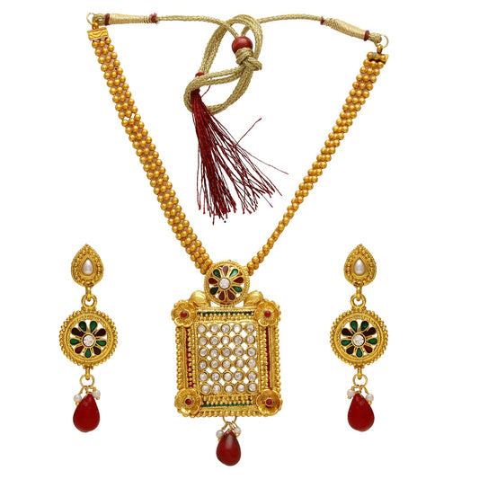 Gold plated Handmade, rich filigree, CZ studded palace window shape, Ethnic Traditional Chain pendant necklace set