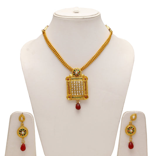 Gold plated Handmade, rich filigree, CZ studded palace window shape, Ethnic Traditional Chain pendant necklace set