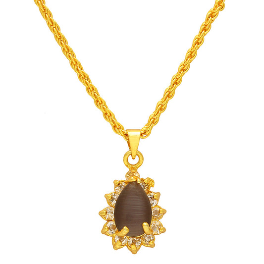 Gold plated CZ studded Grey Catseye Colour, Pearshape stone studded chain pendant