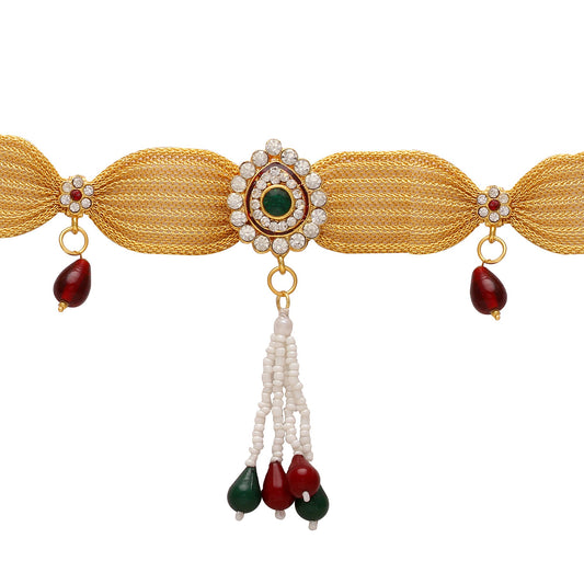 Gold Plated Ethnic Traditional Colourful Crystal & Pearl Studded Broad Stylish Kamarbandh