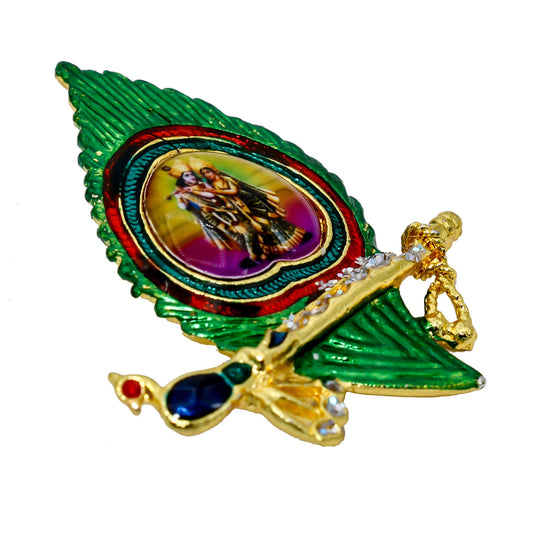 Gold plated Green Enamelled Krishna peacock feather flute design, Stylish Sareepin