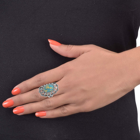 Oxidised Silver plated, Faux (Imitation) Turquoise Firoza Filigree finger ring