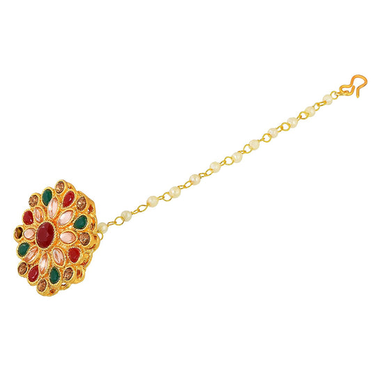 Goldplated Kundan Colourful CZ Pearl Strand Raakdi Rajasthani Bindi BORLA