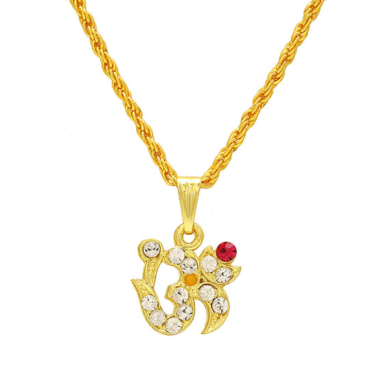 Gold Plated White and Red American Diamond AD Studded OM Chain Pendant