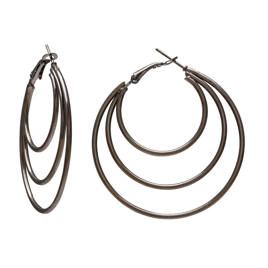 Off-black plated Brass, triple ring Hoop bali fashion earrings