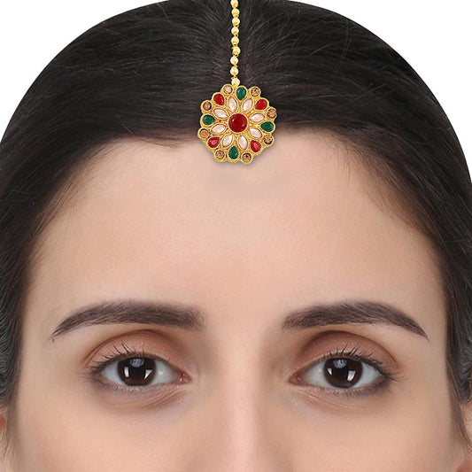 Goldplated Kundan Colourful CZ Pearl Strand Raakdi Rajasthani Bindi BORLA