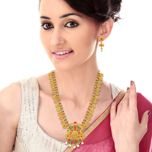 Brass Goldplated Meenakari Long Lakshmi Necklace set Women