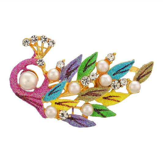 Brass Goldplated Peacock design Pearl and CZ Zari Finish Fashion Sareepin Dupatta Pallu pin Brooch