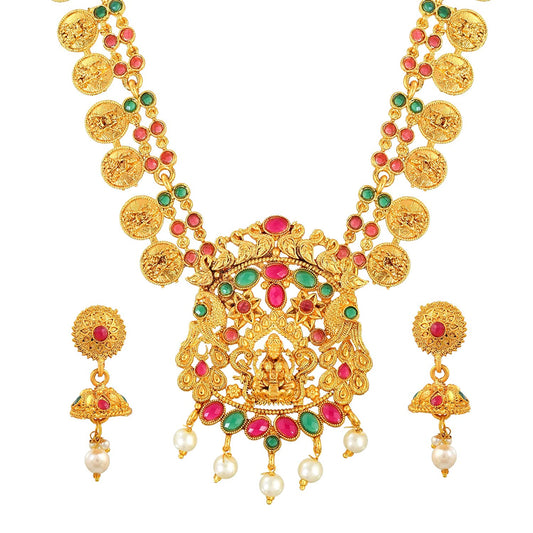 Brass Goldplated Meenakari Long Lakshmi Necklace set Women