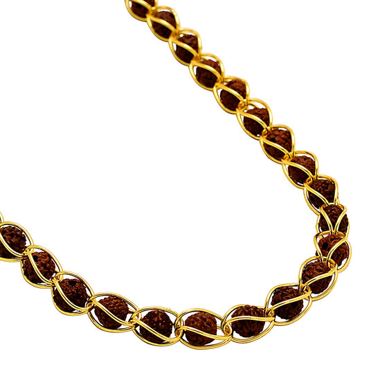 Gold Plated Brass Wire trapped Combo of Original Panchmukhi Rudraksh Necklace and Matching Bracelet