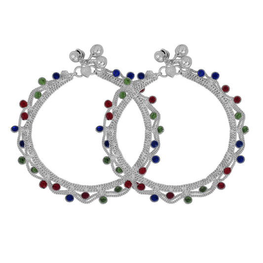 Silver plated brass, Colourful CZ studded, toran style Anklet