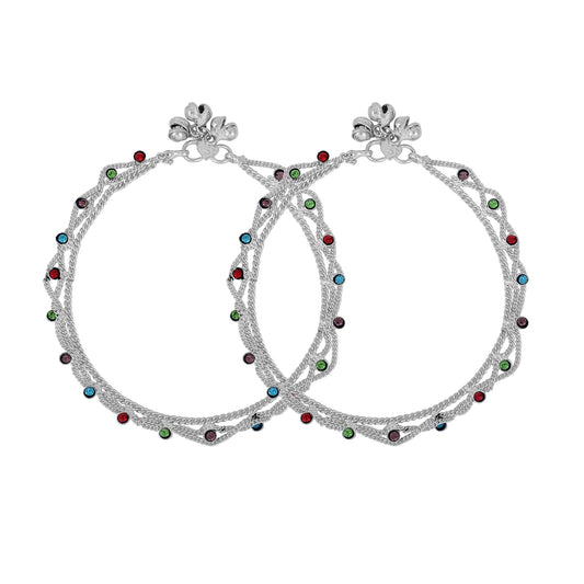 Silver plated brass, Colourful CZ studded double strand smooth Anklet