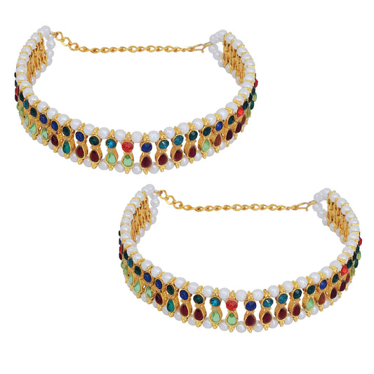 Gold plated brass, Pearl and Colourful Kundan studded, broad Patta (Strap) design Payal Pajeb Anklet