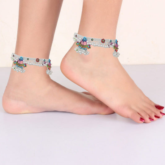 Silver plated broad Colourful Tradiitonal Anklet Fashion