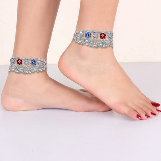 Silver plated, Broad Colourful Tradiitonal Anklet Fashion Payal Pajeb Women