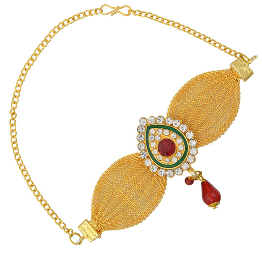 Gold plated Broad Patta Red CZ and Drop adjustable size Armlet Bajubandh