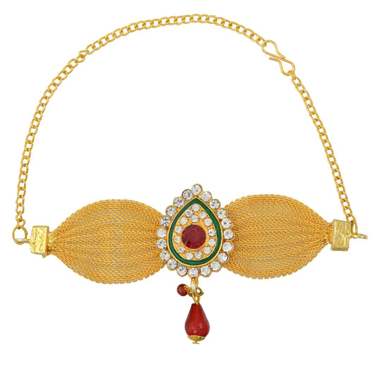 Gold plated Broad Patta Red CZ and Drop adjustable size Armlet Bajubandh