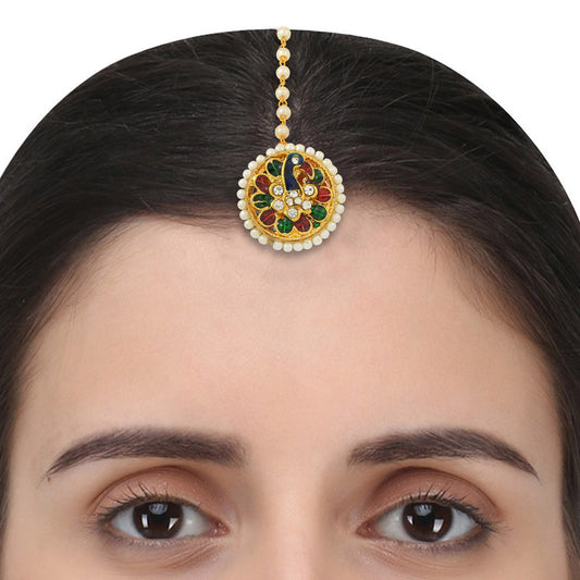 Gold plated Peacock design Meenakari Bindi BORLA Maangtika