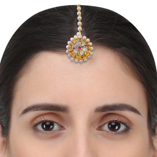 Gold Plated CZ Pearl Small dailyuse Bindi BORLA Maangtika