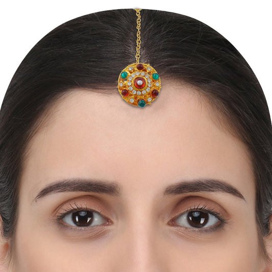 Gold Plated Kundan Colourful CZ Mangtika Bindi BORLA